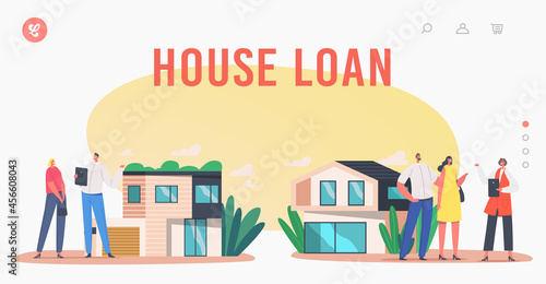 House Loan Landing Page Template. People Buying Real Estate, Mortgage or Home Purchase. Agent Show Cottage to Characters