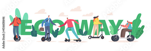 Eco Way Concept. Characters Riding Electric Scooter, Hoverboard and Monowheel, Skateboard Eco Friendly Transportation