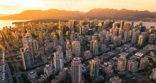 Aerial Vancouver Canada Sunset Skyline