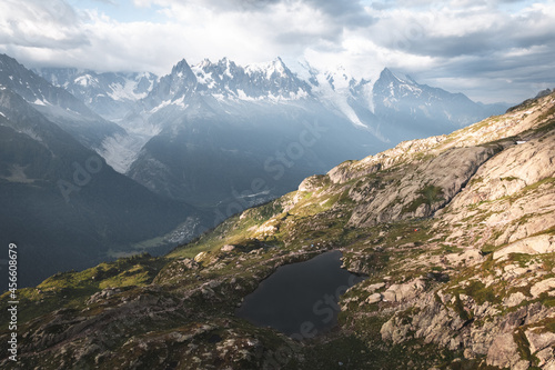 Lac Blanc Chamonix Mont Blanc Aerial Panorama from above mountain range