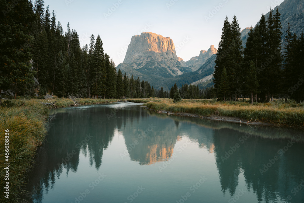 Square Top Mountain Wyoming Sunset Blue river reflections