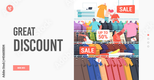 Great Discount Landing Page Template. Buyers Female Characters Seasonal Sale. Girls Grab Apparel from Store Hangers