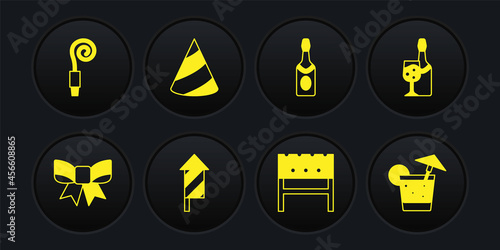 Set Gift bow, Champagne bottle, Firework rocket, BBQ brazier, Party hat, Cocktail and Birthday party horn icon. Vector