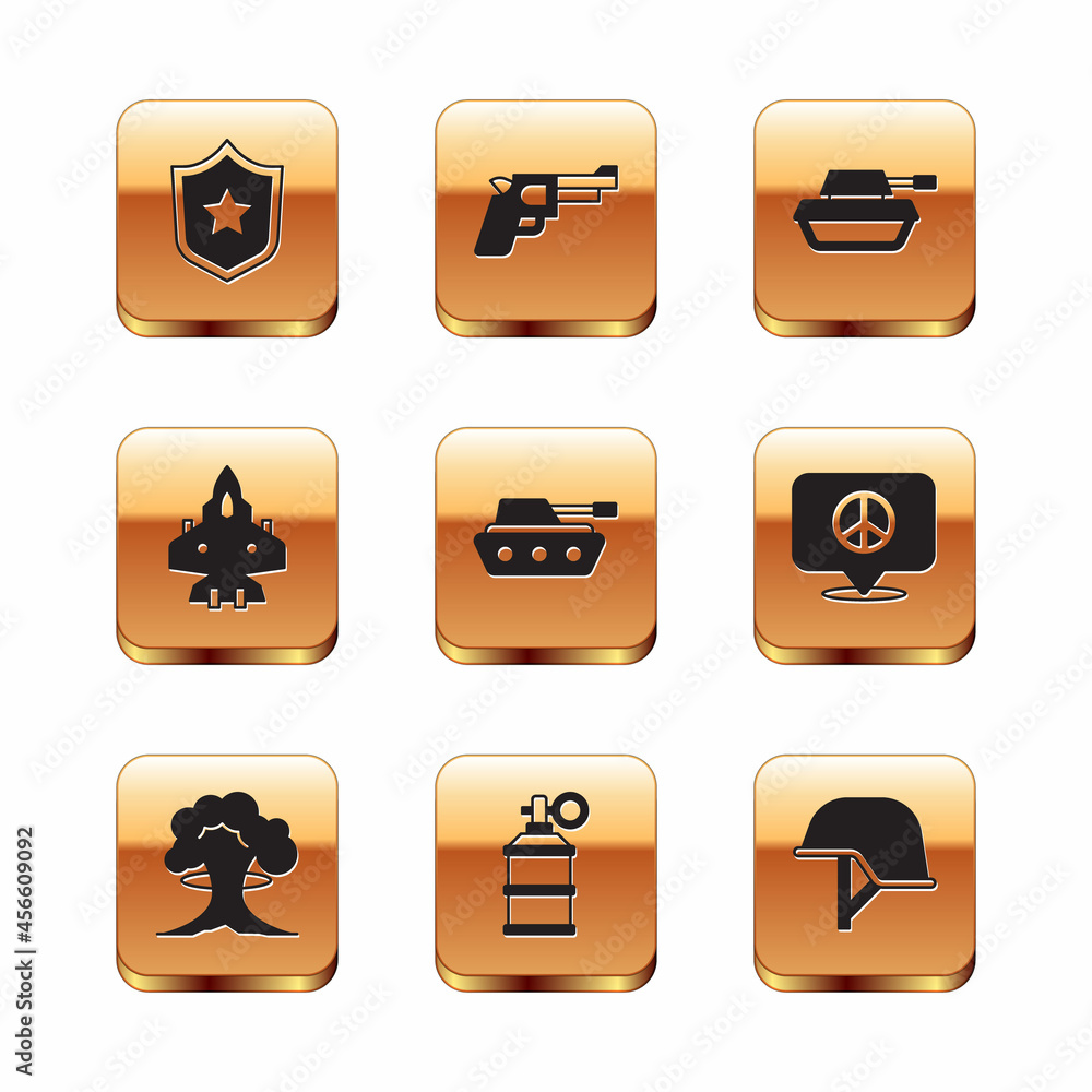 Set Police badge, Nuclear explosion, Hand smoke grenade, Military tank, Jet fighter, helmet and Pistol or gun icon. Vector Set Police badge, Nuclear explosion, Hand smoke grenade, Military tank, Jet fighter, helmet and Pistol or gun icon. Vector