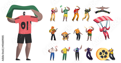 Set of Male Characters, Sports Fan with Flag, Brazil Carnival Musicians with Maracas, Men Dancers and Mariachi Players