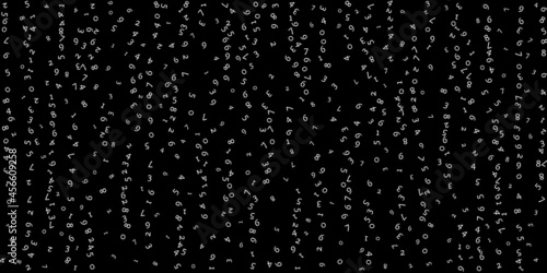 Falling numbers, big data concept. Binary white random flying digits. Likable futuristic banner on black background. Digital vector illustration with falling numbers.