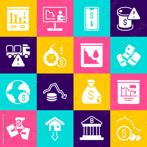 Set Dollar rate decrease, Pie chart infographic, Credit card, Mobile stock trading, Money bomb dollar crisis, Stop delivery cargo truck, and Drop crude oil price icon. Vector
