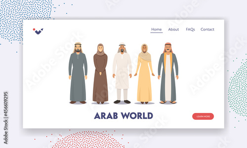 Arab World Landing Page Template. Arabic Male and Female Characters, Saudi Men Wear Thawb or Kandura and Women in Hijab