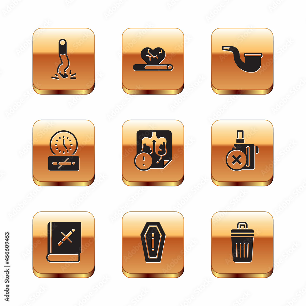 Set Cigarette butt, Book with stop cigarette, Death from smoking, Disease lungs, No time, pipe, Trash can and Heart disease icon. Vector Set Cigarette butt, Book with stop cigarette, Death from smoking, Disease lungs, No time, pipe, Trash can and Heart disease icon. Vector