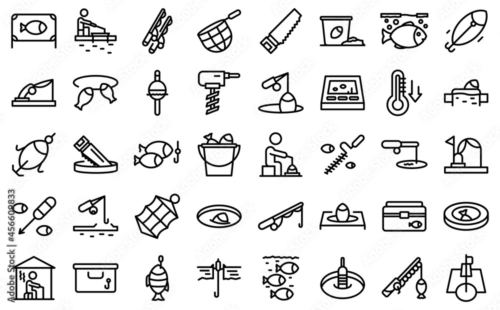 Fototapeta premium Ice fishing icons set outline vector. Winter frozen. Polar lake