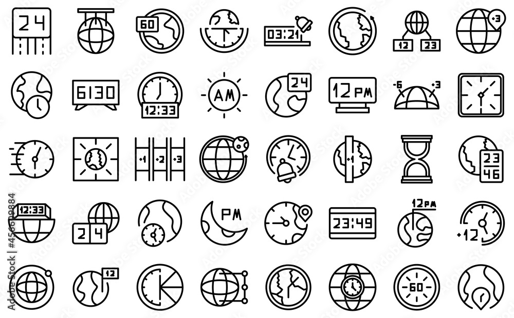 Time zones icons set outline vector. Clock hour. Calendar earth Time zones icons set outline vector. Clock hour. Calendar earth