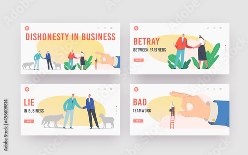 Betrayal, Dishonesty in Business Landing Page Template Set. Characters with Knives Shake Hand, Sheep and Wolf Friendship