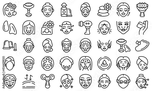 Facial massage icons set outline vector. Face skin. Beauty massage