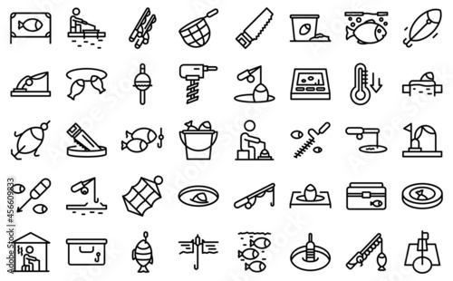 Ice fishing icons set outline vector. Winter frozen. Polar lake