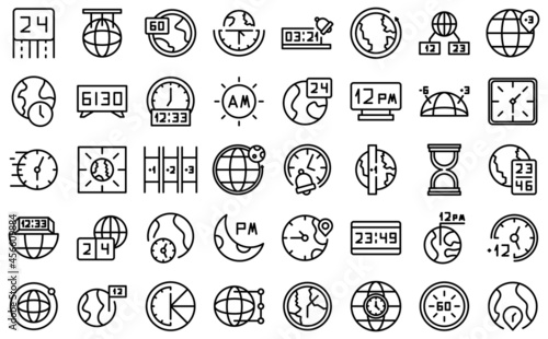 Time zones icons set outline vector. Clock hour. Calendar earth