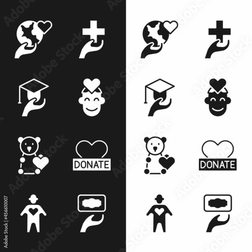 Set Volunteer, Education grant, Hand holding Earth globe, Heart with cross, Donate child toys, Donation charity, and icon. Vector