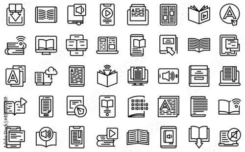 Digital reading icons set outline vector. Library book. Audiobook publishing