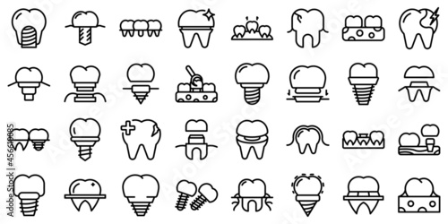 Dental implant icons set outline vector. Surgery jaw. Medicine screw photo