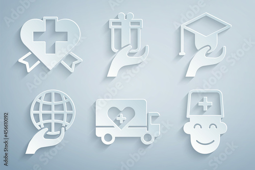 Set Humanitarian truck, Education grant, Hand holding Earth globe, Male doctor, Give gift and Heart with cross icon. Vector