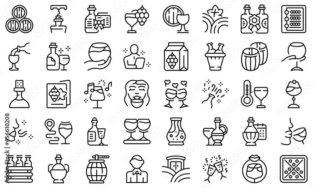 Fototapeta premium Sommelier party icons set outline vector. Champagne hand. Wine cheers