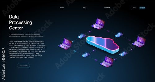 Isometric modern web cloud technology and networking concept.  Cloud computing, big data. The concept of a data processing center, a cloud database, a server power plant of future. 