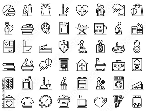 Home care services icons set outline vector. Old senior. Nurse people