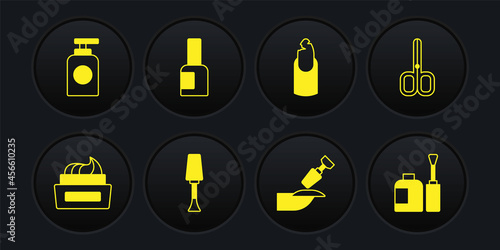 Set Bottle of nail polish, Nail scissors, Milling cutter for manicure, Broken, and Tube hand cream icon. Vector
