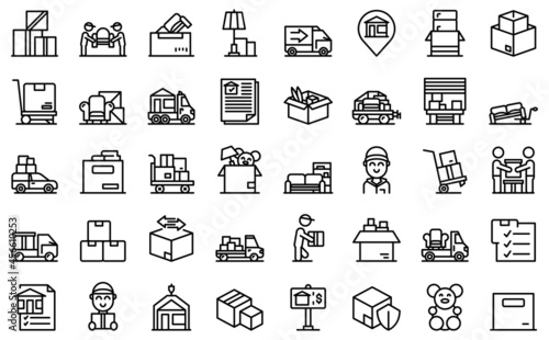 Moving house services icons set outline vector. Storehouse box. Cargo move