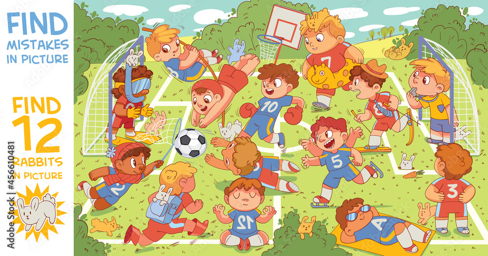 Children are playing football. Find mismatch. Find 12 rabbits in the picture
