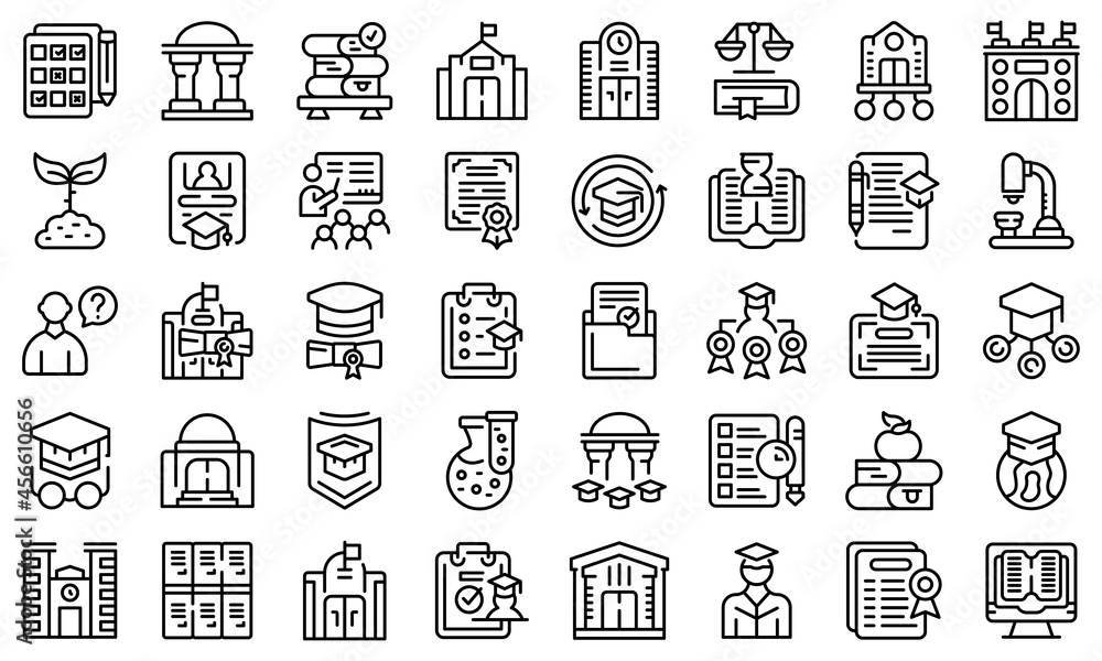 University department icons set outline vector. Student campus. Learner examination