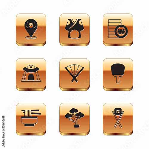 Set Location South Korea, Ramen, Bonsai tree, Traditional fan, Korean temple, won coin, Sushi with chopsticks and Kimono icon. Vector