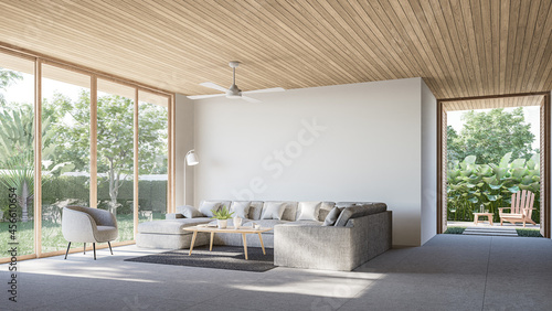 Fototapeta Naklejka Na Ścianę i Meble -  Modern contemporary loft living room with open door to garden 3d render The Rooms have concrete tile floors ,wooden plank ceiling,decorate with light gray fabric furniture