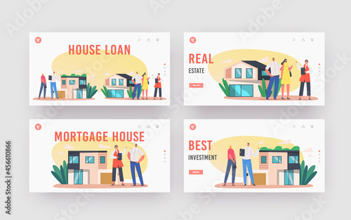 People Buying Property and Real Estate Landing Page Template Set. Mortgage and Home Purchase. Agent Show Cottage