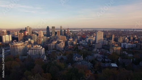 4K Aerial of Montreal Downtown Skyline forward at sunset 