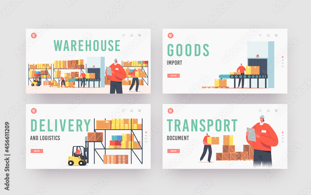 Warehouse Landing Page Template Set. Workers Loading, Stacking Goods in Store. Accounting and Packing Cargo on Belt