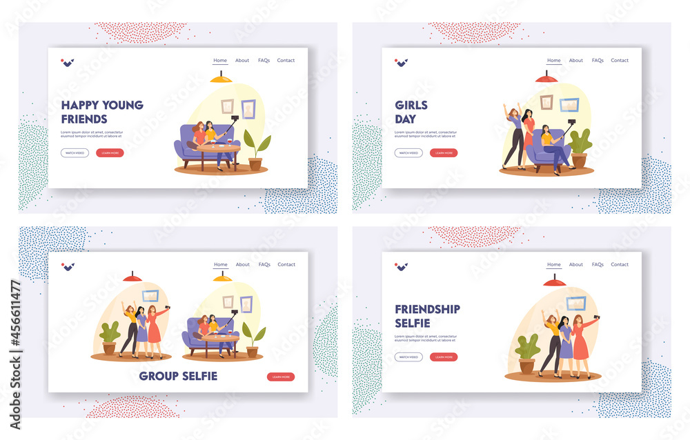 Friends Selfie Landing Page Template Set. Happy Girls Company Having Fun Photographing on Smartphone. Girlfriends Relax