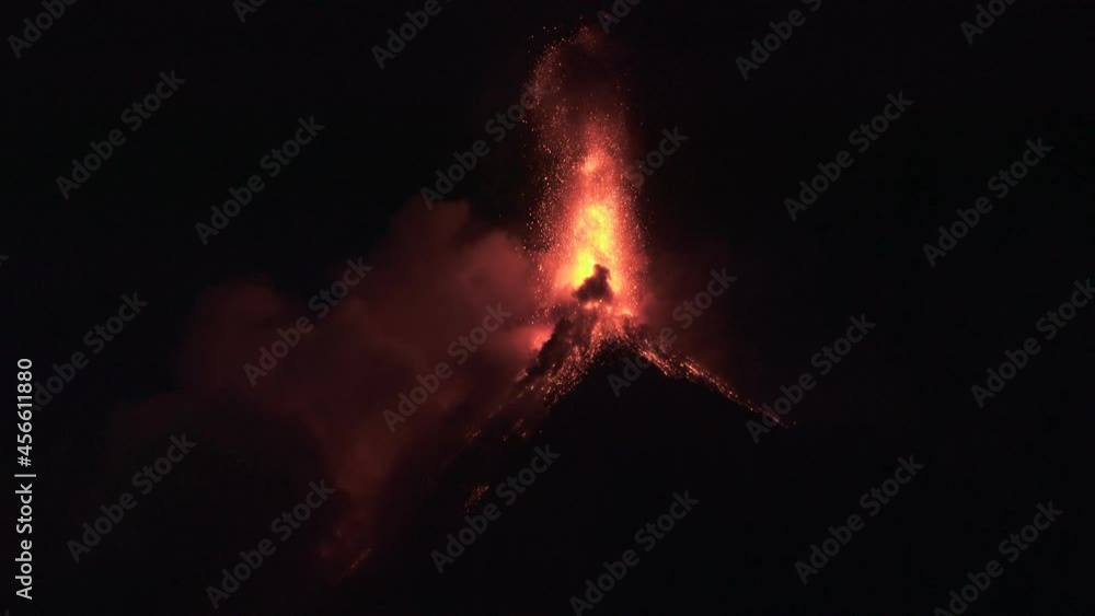 4K Erupting Volcano slowmotion at night with lava in Guatemala