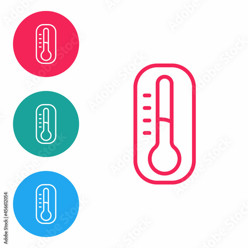 Red line Meteorology thermometer measuring icon isolated on white background. Thermometer equipment showing hot or cold weather. Set icons in circle buttons. Vector