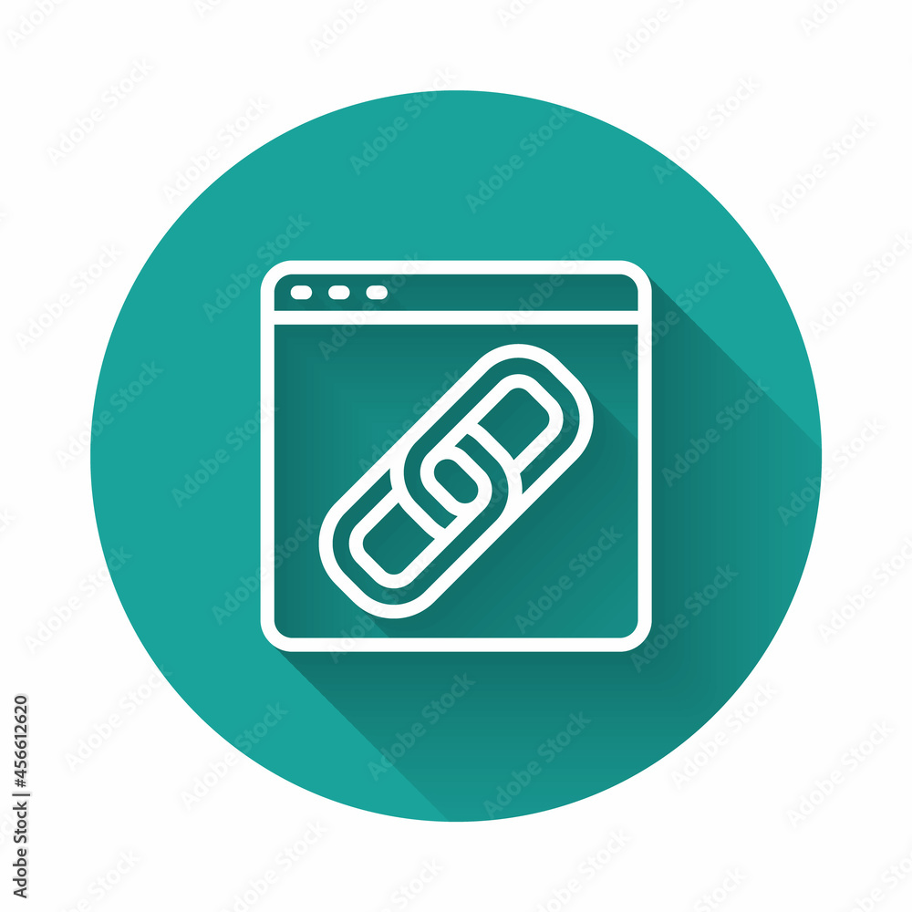 White line Browser window icon isolated with long shadow background. Green circle button. Vector White line Browser window icon isolated with long shadow background. Green circle button. Vector