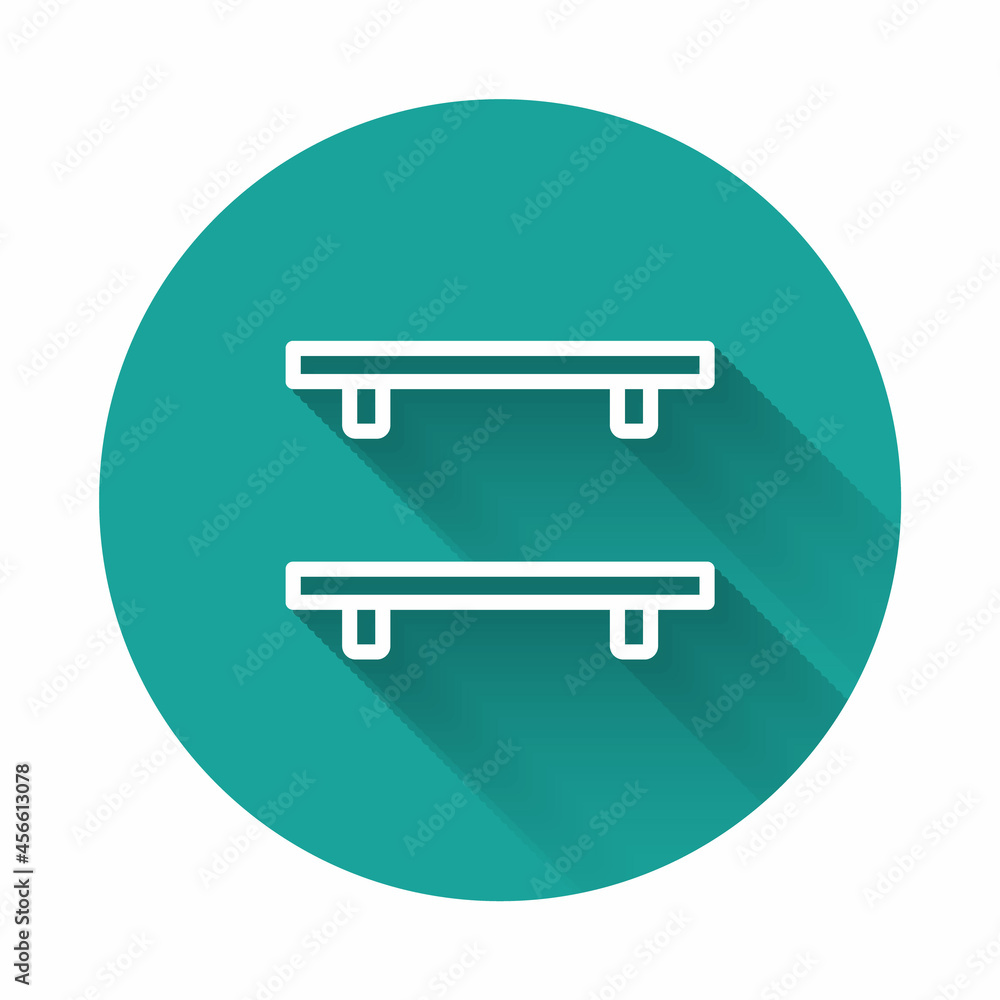 White line Empty wooden shelves icon isolated with long shadow background. Green circle button. Vector White line Empty wooden shelves icon isolated with long shadow background. Green circle button. Vector