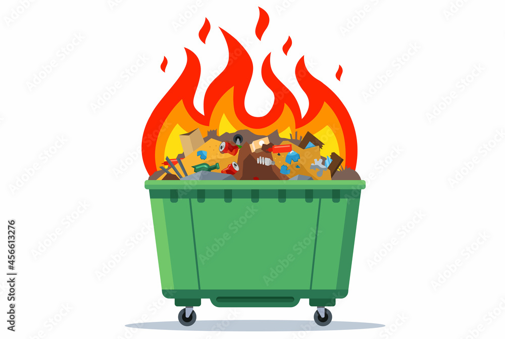burning waste bin. flat vector illustration. green container vector de