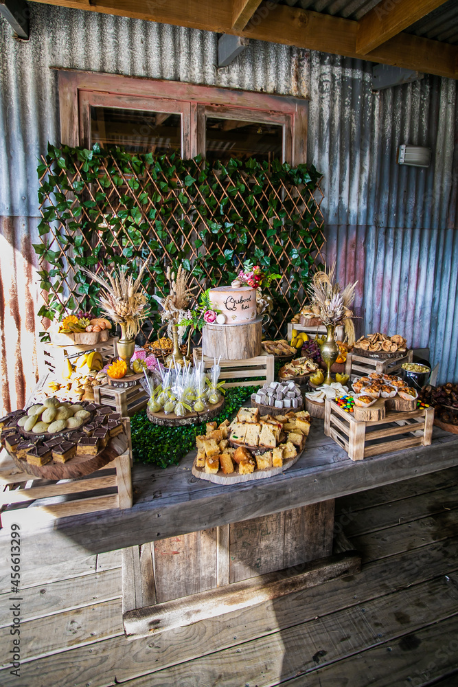 Assorted sweets and cakes served on the table