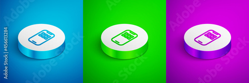 Isometric line Mobile Apps icon isolated on blue, green and purple background. Smartphone with screen icons, applications. mobile phone showing screen. White circle button. Vector
