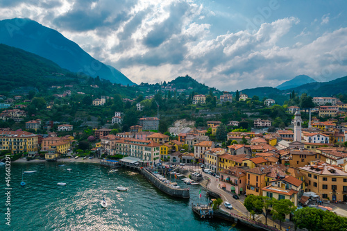 Aerial view of Menaggio village on a cloudy day. Menaggio is a picturesque and traditional village, located on the western shore of Lake Como, Italy