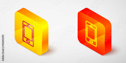 Isometric line Smartphone, mobile phone icon isolated on grey background. Yellow and orange square button. Vector