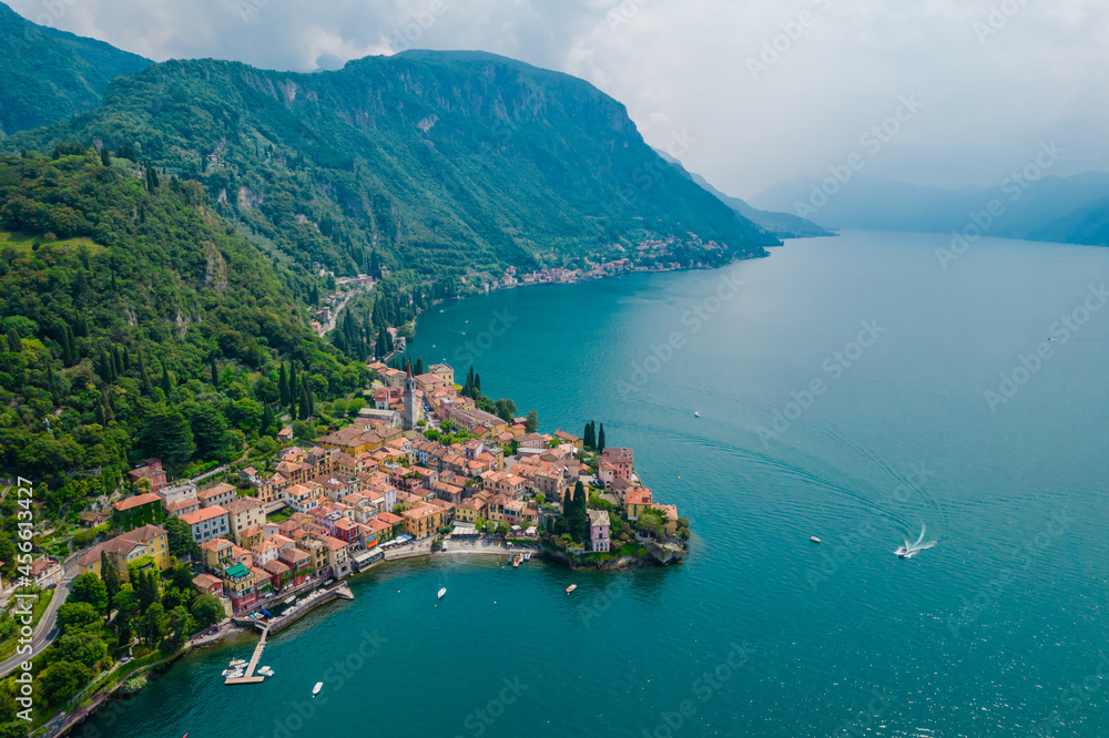 Aerial view of Varenna village. Varenna is a picturesque and traditional village on a cloudy day, located on the eastern shore of Lake Como, Italy