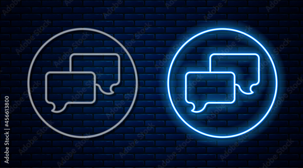 Glowing neon line Speech bubble chat icon isolated on brick wall background. Message icon. Communication or comment chat symbol. Vector Glowing neon line Speech bubble chat icon isolated on brick wall background. Message icon. Communication or comment chat symbol. Vector