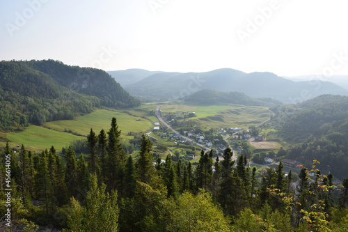 Sainte-Rose-du-Nord, Quebec, Canada: Landscape top view of beautiful Canadian fjord side village with mountains and trees, north of the Saguenay Fjord