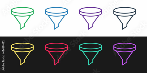 Set line Funnel or filter icon isolated on black and white background. Vector
