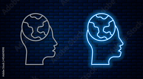 Glowing neon line Learning foreign languages icon isolated on brick wall background. Translation, language interpreter and communication. Vector